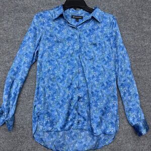 INC International Concepts Blue Floral Button Blouse Shirt Small Long Sleeve